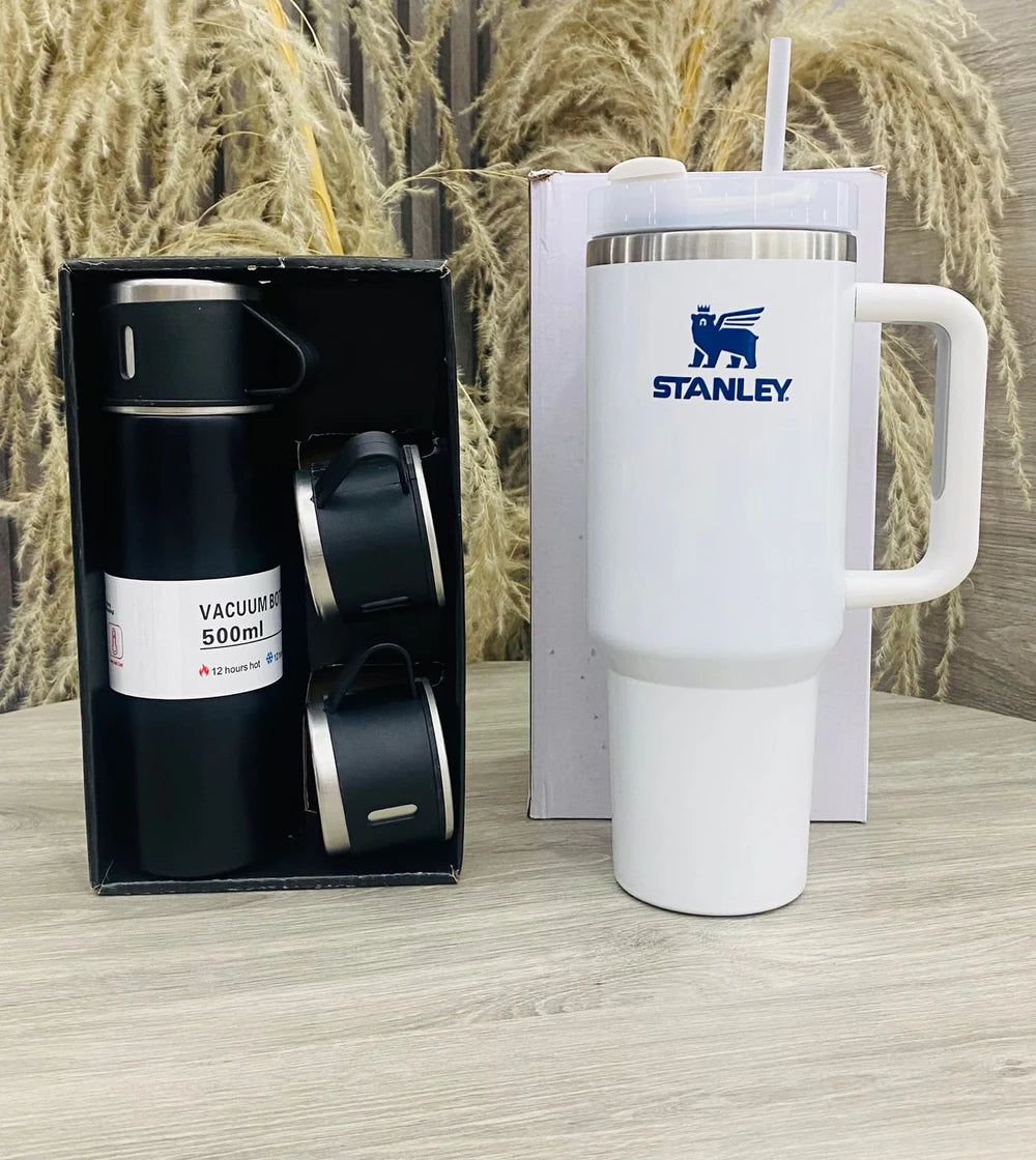 Termo Stanley 40 OZ Blanco con set de 3 pocillos negros