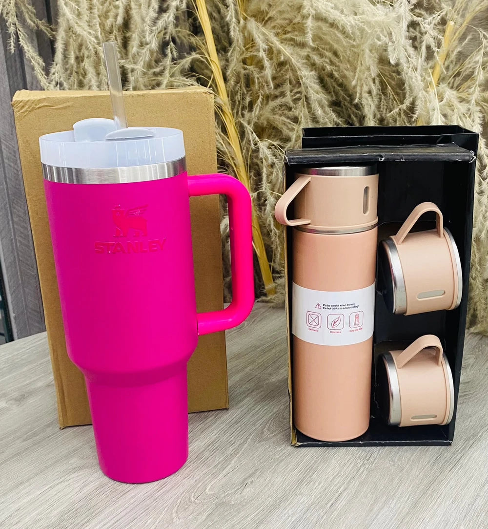 Termo Stanley 40 OZ Fucsia con set de 3 pocillos rosa