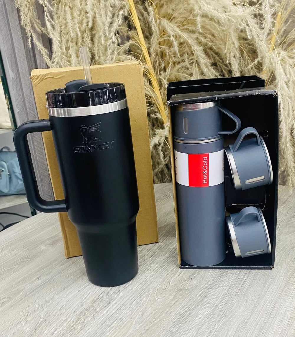 Termo Stanley 40 OZ Negro con set de 3 pocillos gris