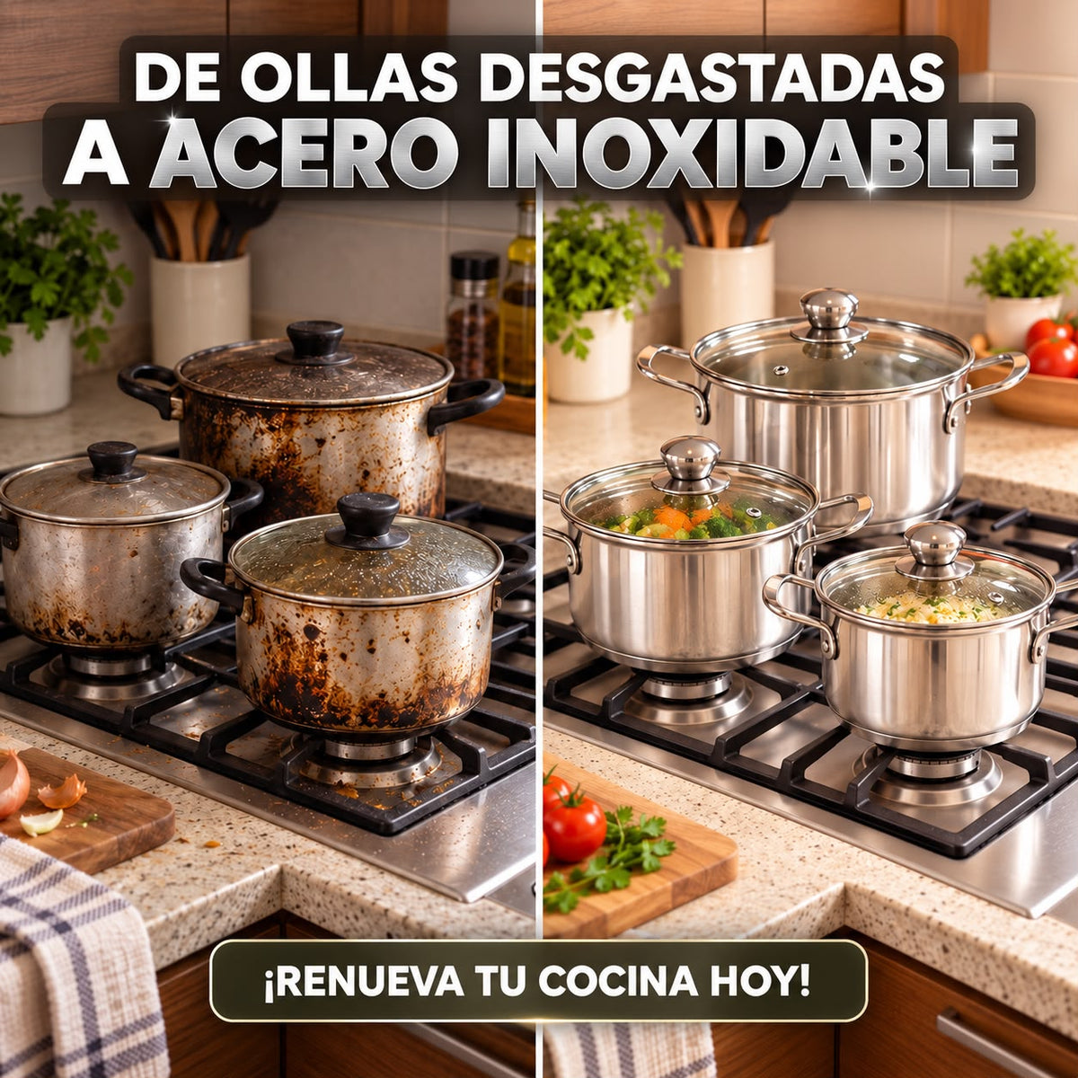 Set de Ollas en Acero Inoxidable con Tapa de Vidrio x3