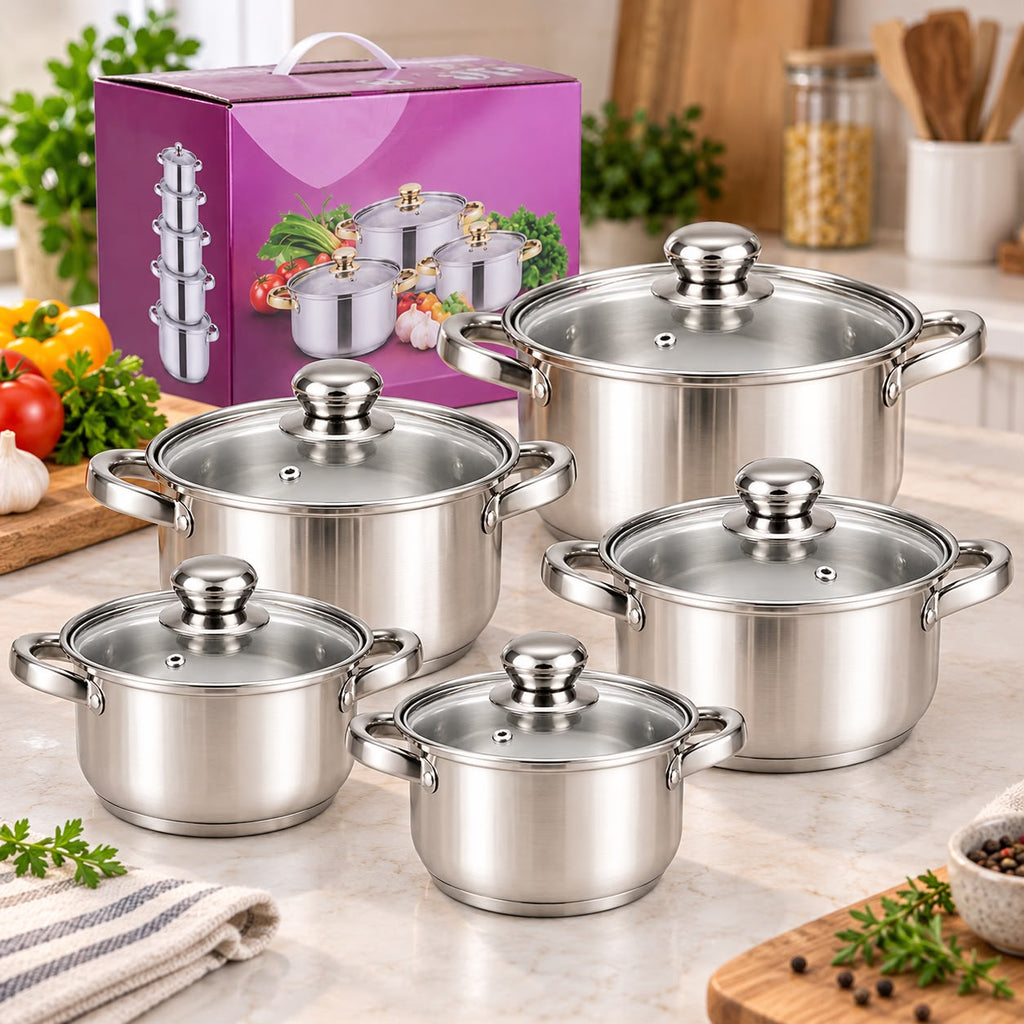 Set de Ollas en Acero Inoxidable con Tapa de Vidrio x5 (10 Piezas)