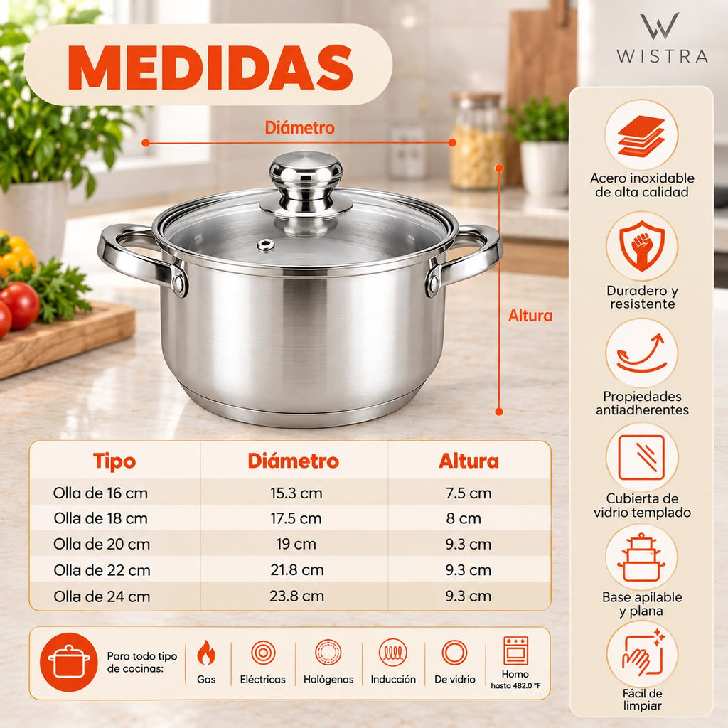 Set de Ollas en Acero Inoxidable con Tapa de Vidrio x5 (10 Piezas)
