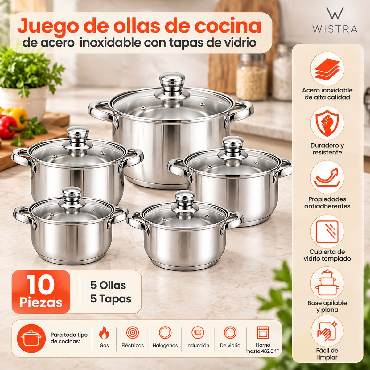 Set de Ollas en Acero Inoxidable con Tapa de Vidrio x5 (10 Piezas)